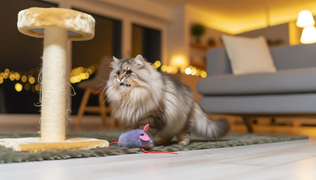 cat carries toy meows