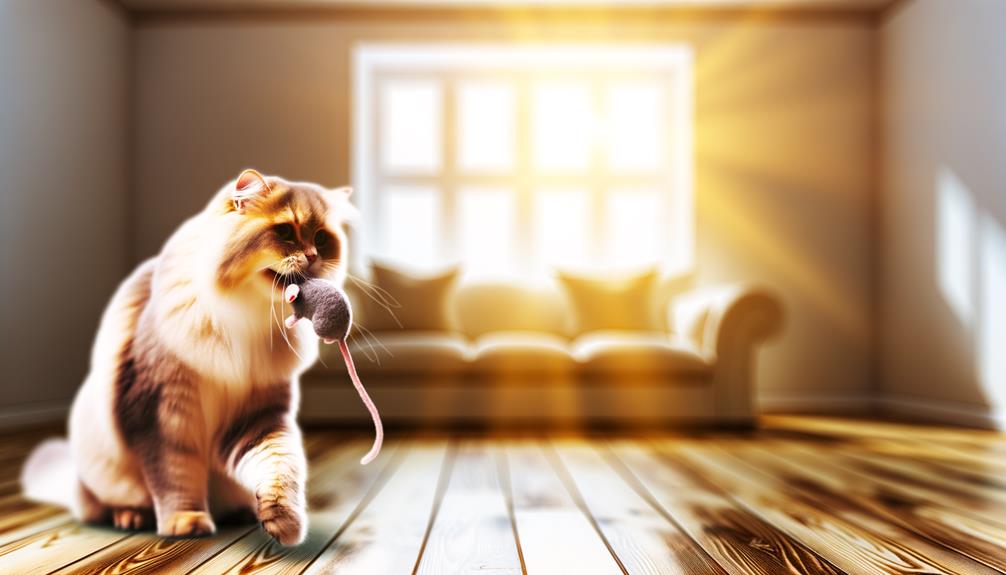 cat carries toy meows