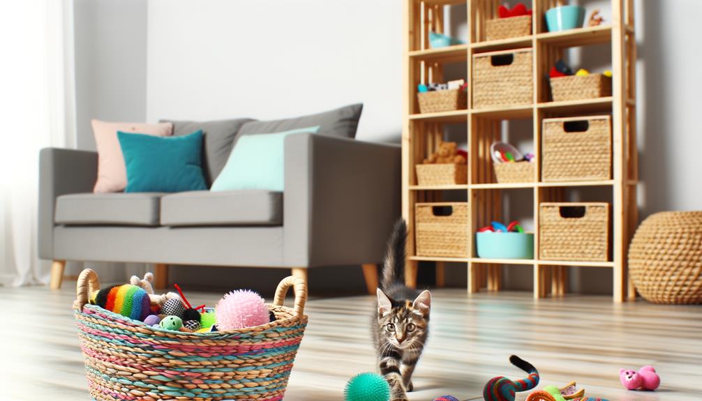 organized cat toy storage